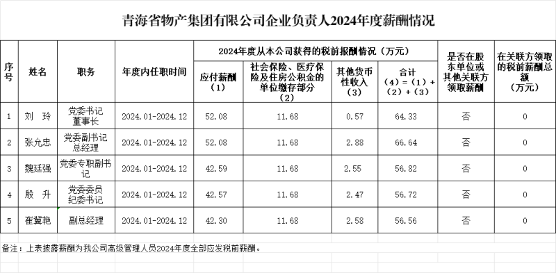 青海省物產(chǎn)集團(tuán)有限公司企業(yè)負(fù)責(zé)人2024年度薪酬情況及第五任期(2022-2024)激勵(lì)收人情況