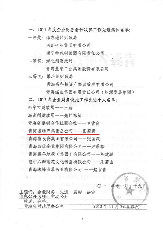 物產集團榮獲2011年度財務決算先進單位、2012年度財務快報工作先進個人表彰